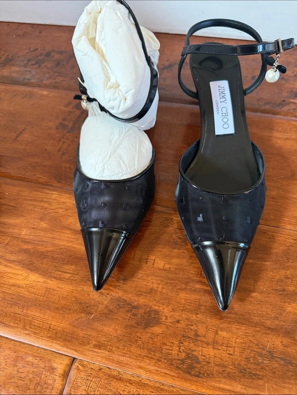 Jimmy Choo Black Pointed-Toe Ankle-Strap Pumps with Pearl Accent